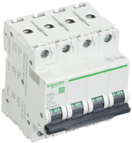 Schneider Electric M9F11404 Multi 9 C60N Interruptor Automático en Miniatura, 4P, 4A, C Curve, 415V, 10kA, 72mm x 72mm x 81mm, Gris
