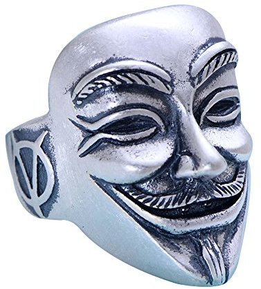 Matt 990 Sterling Silber V wie Vendetta Maske Ring für Herren Damen Offen Verstellbar
