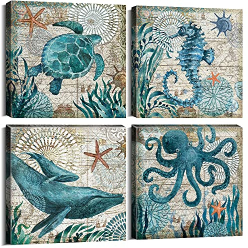 Badezimmer-Dekor, Wandkunst, Strandzubehör, blaugrün, nautische Leinwanddrucke, Bilder, Küche, Schlafzimmer, Wohnzimmer, Heimdekoration, 4 Stück/Set, rustikale Küste, Ozean, Gemälde 30.5 x 30.5 cm