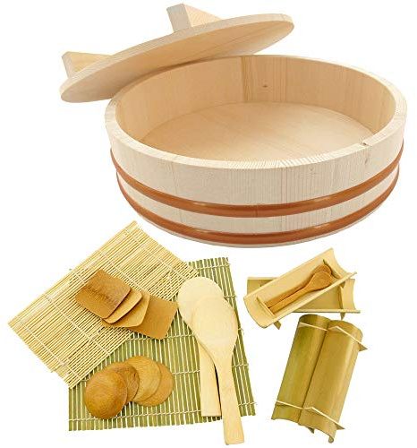 BambooMN 15.3 Hangiri Oke Sushi Rice Cooling Bowl/Tub with Lid, 19 Pieces Making Serving Accessory Kit - Jumbo