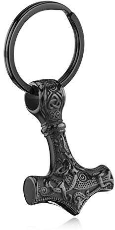 PiercingJak Schlüsselanhänger Wikinger Thor Hammer Anhänger Keltischer Knoten Thors Hammer Keychain für Herren Damen, Schwarz