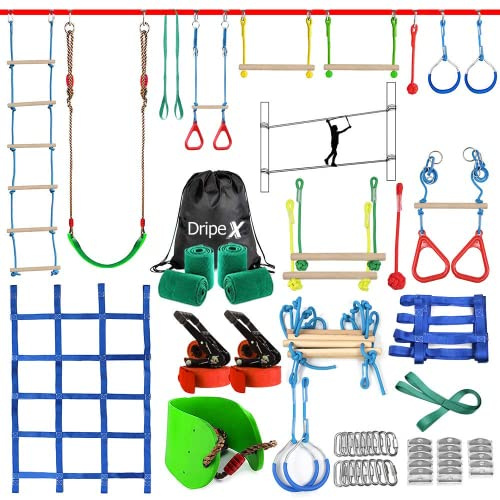 Ninja Warrior Obstacle Course for Kids Backyard - 2×50ft Slackline Kit with 10 Most Complete Accessories for Boys & Girls, Swing, Rope Ladder, Gymnastic Ring, Climbing Net, Arm Trainer and Monkey Fist