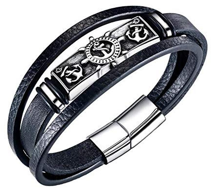 Aruie Armband, Panzerkette, für Herren, Leder, Edelstahl, Anker, Ruder, Gravur, Magnetverschluss, mehrreihig, Retroschmuck