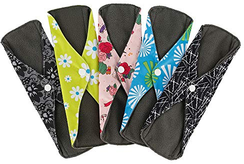 5 Pack Reusable Cloth Sanitary Towels with Bamboo Charcoal ,Washable Waterproof Menstrual Absorbent Pads for Medium,Heavy Flow Night Washable Cloth Menstrual Sanitary Towels