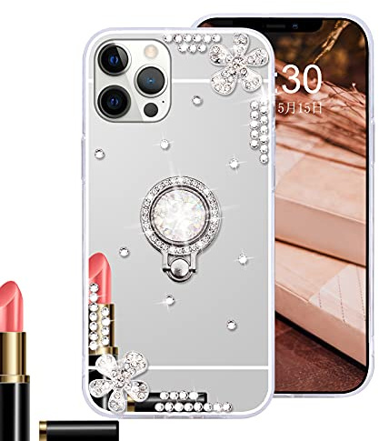 Omorro for iPhone 12 Pro Max Makeup Mirror Case for Women Girls Luxury Bling Glitter Cover with Shiny Crystal Diamond Ring Stand Holder Finger Grip Cute Girly Cases for iPhone 12 Pro Max Silver