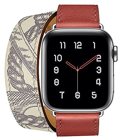 Aergood Lederarmband,Kompatibel mit Apple Watch Armband 38/40/41mm 42/44/45mm,Double Tour Ersatz Armbänder für iwatch Series 7 6 5 4 3 2 1 SE für Damen & Männer(42/44/45mm, Double Tour-Rot/Muster)