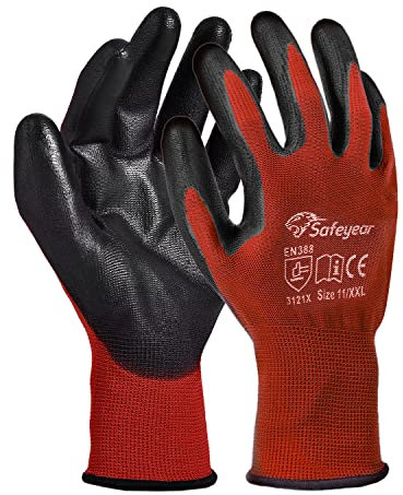 SAFEYEAR 12 Paar PU-beschichtete Arbeitshandschuhe für Reinigung, Automobilmontage, Präzisionsbetrieb und mehr (XXL (11)-12 Paar, Rot)