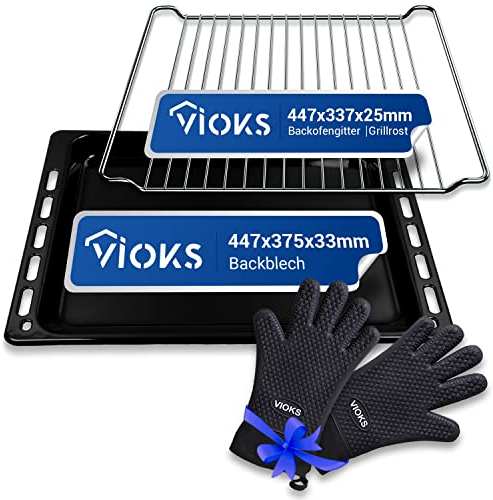 VIOKS Set Backblech 445x375x33mm Ersatz für Whirlpool 481010683239 & Gitterrost 448x338x26mm Ersatz für Whirlpool 481245819334 mit 2 Silikon Handschuhe