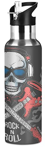 Mnsruu Teschio di Musica Rock Roll Borraccia Termica con Cannuccia Sportiva, Bottiglia Acqua in Acciaio Inox Isolato 600ML Senza BPA per Bevande Calde e Fredde per Bambini Scuola