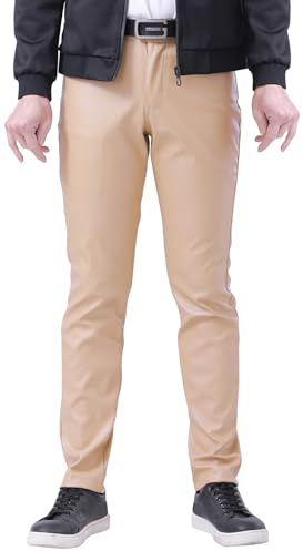 Mens PU Faux Leather Trousers Slim Fit Fake Leather Wet Look Pants Khaki 38