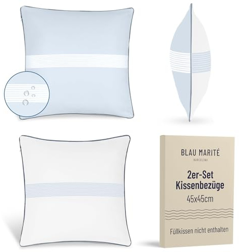 Blau Marité 2er Set Outdoor Kissenbezüge 45x45 cm – wasserdicht, schmutzabweisend, UV-beständig – weich & waschbar – Zierkissenhüllen für Garten, Balkon, Terrasse, Innen- & Außenbereich – Blau