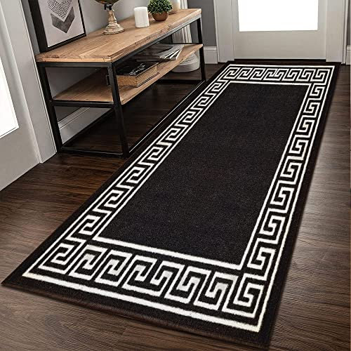 Rugs Shop Door Mats Indoor Non Slip Mat Carpet Runners for Hallways Geometrical Border Low Profile Washable Runner Rug for Kitchen, Front Door Hall Hallways Living Room (66 x 220 cm, Black White)