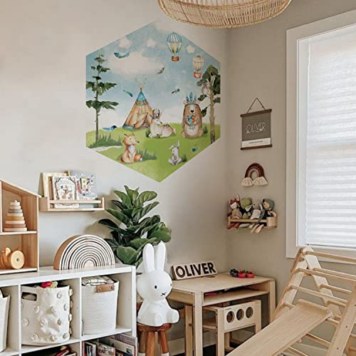 astrkiz Woodland selbstklebend Wandaufkleber Kinder, Stoff-Effekt-Wandtattoos Fabric Canvas Wandbild Wanddeko Waldtiere Motive, Hexagon Abziehbilder Kinderzimmer Mädchen 2 Stück 52x60cm