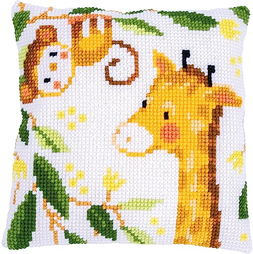 Vervaco Kreuzstich Stickpackungen Kissen Stickerei Set Anfänger Vorgedruckt Dschungeltiere DIY Set Kreativ Set Für Erwachsene Dekoratives Kissen ca. 40 x 40 cm Bastelset Handwerker Haus Dekoration