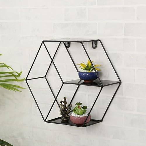 Hexagon Metallregal mit 3 Böden,Gewürzregal im Industrie Design, Küchenregal mit 3 Böden,Metall Wanddeko Wohnzimmer Industrieller Stil,Schweberegal Sechseckiges Hängeregal 29*10*25.6 cm (schwarz)