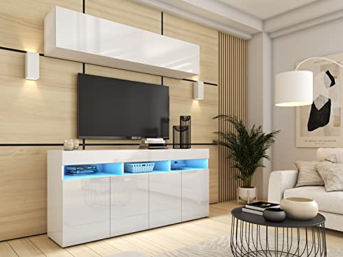 BROMARKT Premium Wohnwand Wohnzimmer Set 2 Teile - Wohnzimmer Schrank - Wohnzimmer Möbel mit Kommode - Wohnwand Modern - Wohnzimmerschrank Komplett Möbel - Hochglanz Weiß