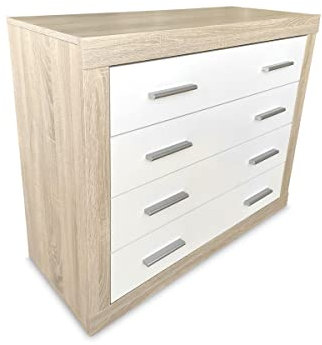 Homey - Cómoda con 4 Cajones, Sinfonier, Modelo Omabella, Práctica y Funcional, Acabado en Colores Cambria y Blanco, Medidas: 98 cm (Ancho) x 81.5 cm (Alto) x 39.5 cm (Fondo)