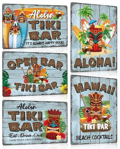 5er Set Retro Blechschild Tiki Bar - ALOHA - Hawaii Beach Cocktails Metallschild - Schild mit Spuch Lustig Witziger Deko Geschenk 20x30cm