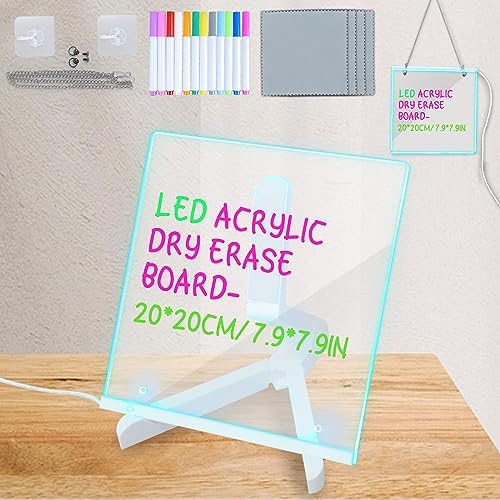 Tefoal 12 Farbmarker Anzeigetafel, LED Maltafel Kinder, Acryl Zeichenbrett, Mit Halterung Und Aufhängekette LED Schreibtafel, LED Tafel (20x20 cm)