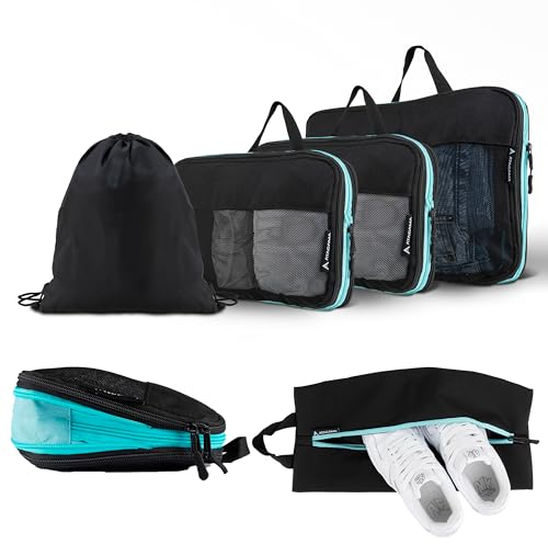 Atacama Premium Kompressions-Packwürfel-Set: Reißverschluss & Dual-Taschen, Packtaschen mit Kompression für Rucksack & Koffer - Schwarz Set of 6