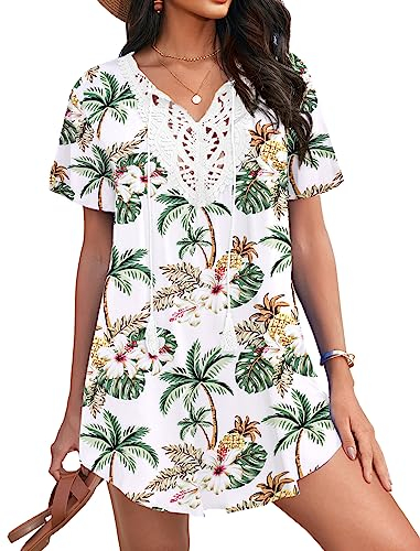 Ekouaer Strandtunika Spitze Damen V Ausschnitt Strandkleid Kurz Bikini Cover Up Sommer Strandponcho Palmen M