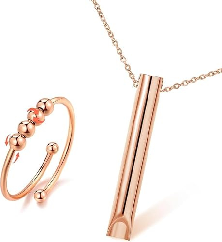 Stressabbau Halskette Höki Halskette Gegen Angst mit Stressabbau Ringe, Rauchentwöhnung Hilfsmittel Achtsame Atem Halskettes für Herren Damen Meditation Verlangsamung Atmung Übungsgerät (Rosegold)