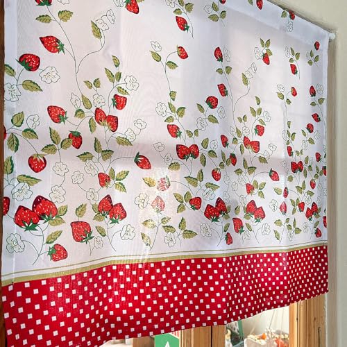 LNGFSH Scheibengardine Küchen Vorhang Erdbeer-Muster Polyester Bistrogardine Landhausstil Kurzgardinen Romantische Cafe Fensterdeko 1 Stück BxH 150x64cm
