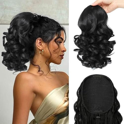 PORSMEER Pferdeschwanz Haarteil mit Kordelzug,Kurz Wellen Zopf Verlängerung Haare Extensions Synthetik Wellig Haarverlängerung Clip in Ponytail Schwarz für Damen,26cm