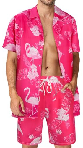 Aomig Homme Hawaïen Short Ensemble, Ensemble Chemise et Short Infroissable, Hawaïenne à Manches Courtes Légère et Short à Cordon Assorti Tenue D'été Imprimée Aloha Chemise T-Shirt à Fleur Boutonnée-XL