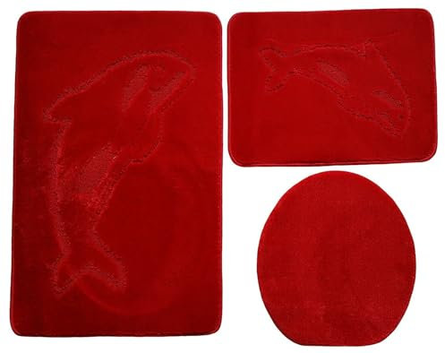 Ilkadim Export 3-teiliges Badset Gökyildiz Delphin einfarbig, Badteppich 55x85cm, WC-Vorleger rechteckig für Hänge-WC (rot)