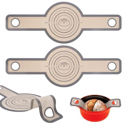 Philorn Silikon Backmatte für Dutch Oven 2 Stück, Wiederverwendbare Brotbackmatte Silikonmatte Antihaf & Leicht zu Reinigen Mit Extra langen Griffen (Rund)