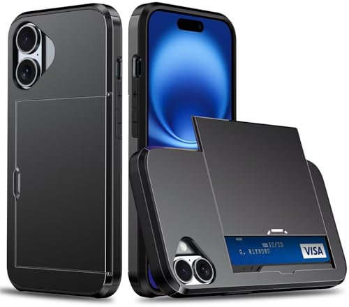 Beajew Coque Portefeuille pour iPhone 16 avec Porte-Cartes, Étui de Protection Téléphone Double Couche Antichoc, Fente Cachée Coulissante, Antichoc TPU+PC Housse Portefeuille - Noir