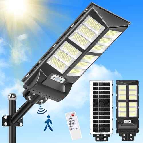Lightasea 600W Lampadaire Solaire Exterieur, 60000LM 6500K Spot Solaire Detecteur de Mouvement, IP65 Étanche Projecteur Solaire à LED avec Télécommande pour Cours, Jardins, Parkings