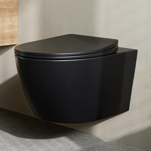 Hänge WC Spülrandlos Toilette, Kloschüssel und WC Sitz mit Absenkautomatik, Einloch Superspin Spülung Wand WC, Toiletten für Gäste-WC, WC Schüssel aus Keramik, WC Schwarz Geräuscharmes Spülen
