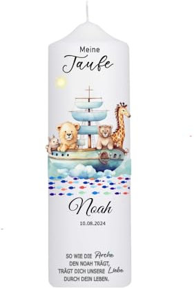 Taufkerze Mädchen, Jungen mit Taufspruch, Arche Noah, Safari-Tiere 25 cm x 8 cm, personalisierte Kerze, bedruckte Kerze zur Taufe, Stumpenkerze zur Taufe, Taufgeschenk,Patenkerze