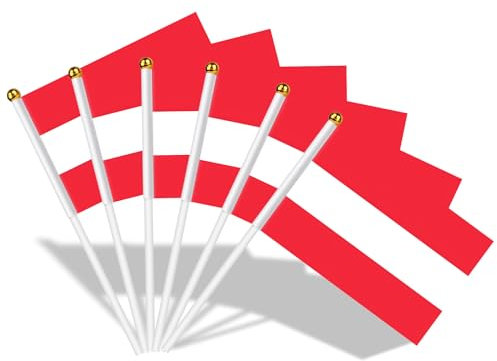 AhfuLife 15 banderas austriacas en palos para decoración de fiestas, 14 x 21 cm, banderas pequeñas de Austria con poste blanco de 30 cm para el Día Nacional, Eurocopa del Mundo, fútbol, jardín, calle
