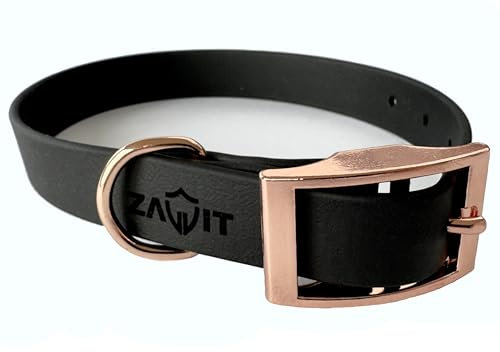 Langlebiges BioThane Hundehalsband 16/19 / 25mm mit Schnallenverschluss | Wasserfest & Robust | In 5 Größen (XS, S, M, L, XL) | Passend zu den ZAVVIT Leinen (Schwarz/Roségold)