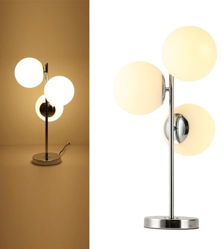 Alpinaluz Lámpara de Mesa de Acero Cromado – Diseño Decorativo con Triple Bola de Cristal Opal Blanco Ø15cm – 3 Casquillos E27 – Elegante Iluminación para Salón, Dormitorio u Oficina