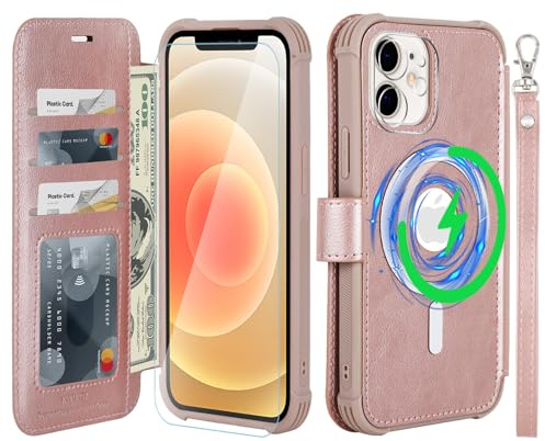 VANAVAGY Wallet Case for iPhone 12/12 Pro for Magsafe,Rose gold | PU Leather Flip,Slim,12ft Drop Protection,RFID Blocking Card Holder,Magsafe Wireless Charging,Includes Screen Protector