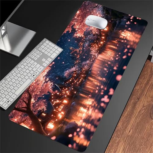 Tapis de Souris Gaming XXL 900x400x2mm Tapis de Souris Gamer Extra Large en Tissu avec Base antidérapante Améliore la Précision et la Vitesse pour Gamer, Ordinateur, PC (Cerisiers en Fleurs)