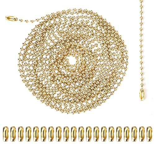 3m Lange Zugkette für Deckenventilatoren, 3mm Perlen Premium-Lichtzugkettenverlängerung Metall mit 20stk Verbindungsstücken Praktisches Zubehör für Leuchten und Heimwerkerarbeiten(Gold)