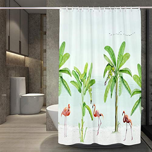 Rideau Douche Flamingo Jungle Verte Rideau de Douche Anti Moisissure Imperméable Tissu Polyester Lavable pour Salle de Bain Baignoire Hôtel avec 12 Crochets en C(180x200cm)