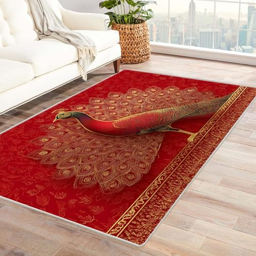 CUDAOO Bedruckter Innen-/Außenteppich Roter Hintergrund mit Stieglitz Teppich Wohnzimmer Schlafzimmer(Rot)-60x90cm