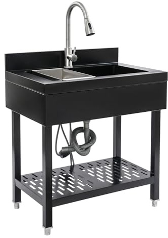 Edelstahl Waschbecken, Freistehend Spültisch mit Ausziehbarer Wasserhahn und Abtropffläche, Waschtisch Multifunktionswaschtisch Outdoorküche, Spüle für Camping, Wäscherei, Garage, 70*50*90cm (Schwarz)
