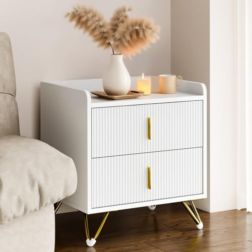 Mondeer Bedside Table with 2 Drawers and Metal Legs, White and Gold | Small Nightstand Storage Cabinet, Bedside Chest, for Bedroom Living Room, W50 x D40 x W50 cm