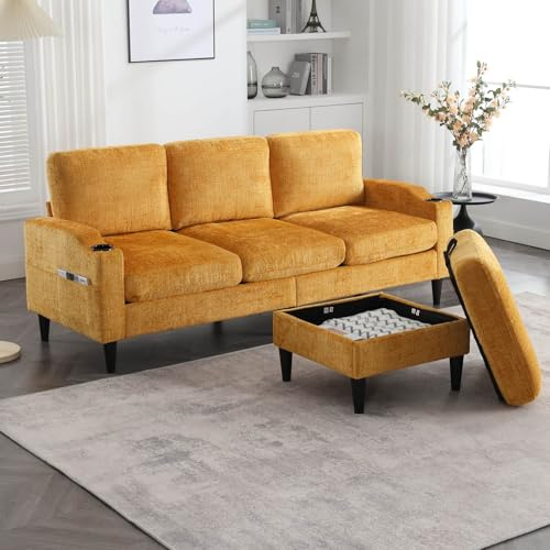 PUGSDRLY Canapé d'angle 4 Places avec Pouf de Rangement,Porte-gobelet,Poche Latérale,Canapé Modulable Moderne en Tissu Chenille,pour Salon,Chambre (Jaune)