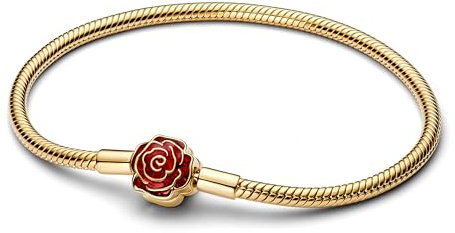 PANDORA Moments Disney Die Schöne und das Biest Magische Rose Schlangen-Gliederarmband mit 14K vergoldeter Metalllegierung, Kompatibel Moments, Größe: 18cm, 564019C01-18