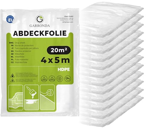 Garronda 12 Stück 4x5 m Abdeckfolie Malerfolie Abdeckplane HDPE GD-0166 | Transparent, reißfest, als Staubschutzfolie, Baufolie und Schutzfolie für Renovierung, Umzug, Möbel- und Bodenschutz