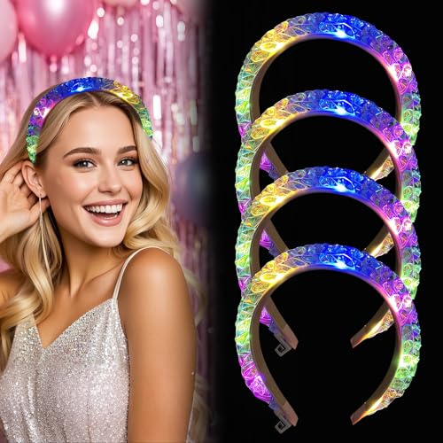 PORFOYO Lot De 4 Serre Tete Lumineux, Serre-Tête Laser, Bandeaux Lumineux Tressés À Led Avec 3 Modes D'Éclairage, Bandeau De Cheveux Led Pour Discothèque, Mariage, Festival, Fête, Carnaval, Couleur