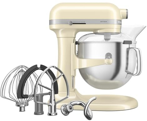 KitchenAid Artisan Robot Pâtissier Bol Relevable 6,6L Crème | Pétrit les pâtes denses, jusqu'à 14 pizzas par fournée ; 11 vitesses, structure tout métal et design iconique